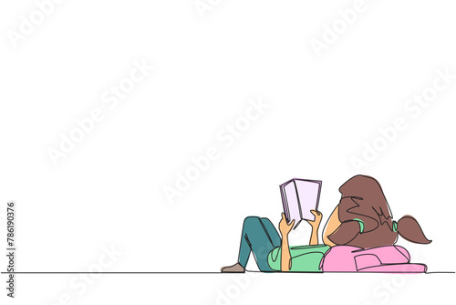 Single one line drawing girl lying on back reading book. Reading favorite comic. Big fan of fiction books. Enjoy the storyline. Reading increases insight. Continuous line design graphic illustration