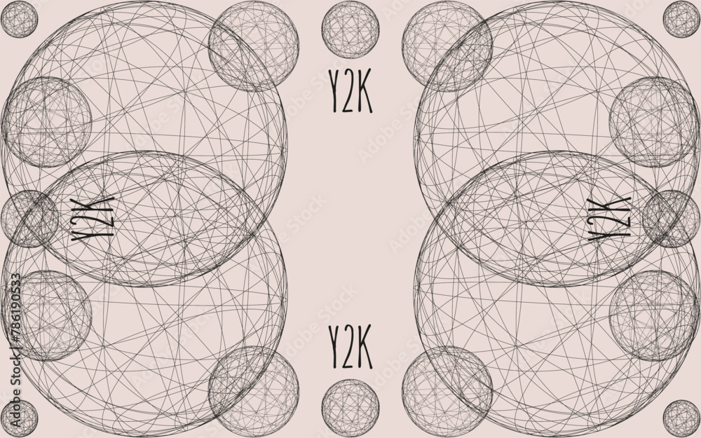 Obraz premium Horizontal banner with contemporary 3D Wireframe Round Shapes. Template Design poster with 3D Geometrical Circles figures. Y2K Vector aesthetic can used web and social media background. EPS 10