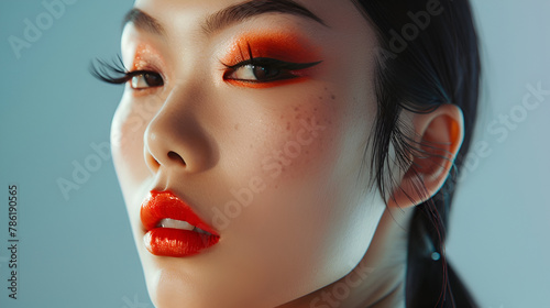 close up portrait of asian woman with long lashes and red lips