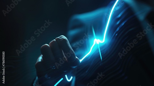 Growth images, A businessman is holding a glowing blue line going upward. And that line looks like a crooked arrow, meaning they were turning into a line. futuristic, 