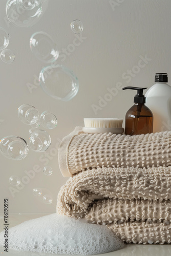 eco-friendly cleaning products and natural beige towels on a light background with soap bubbles , providing copy space for text
