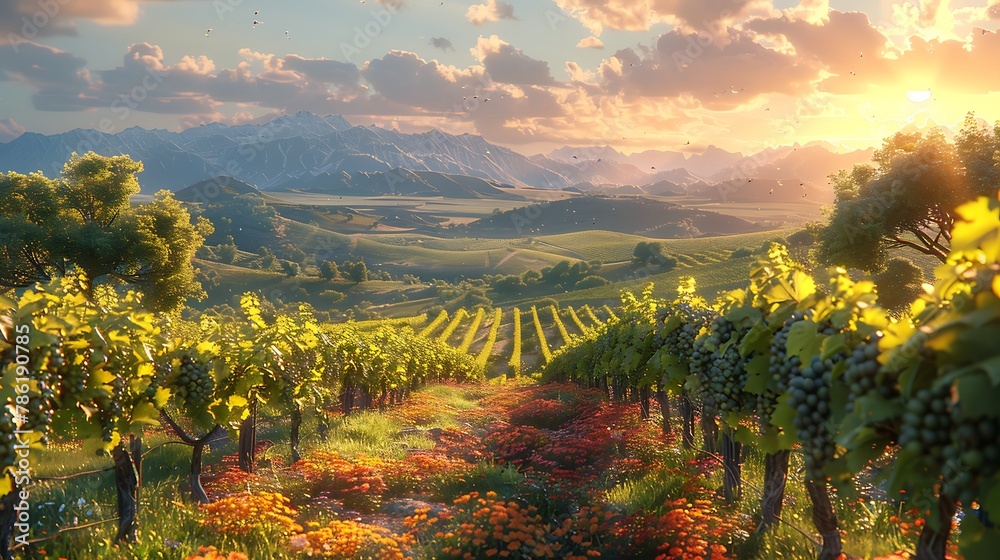 Roam through a sun-drenched vineyard, where rows of lush grapevines stretch toward the horizon.