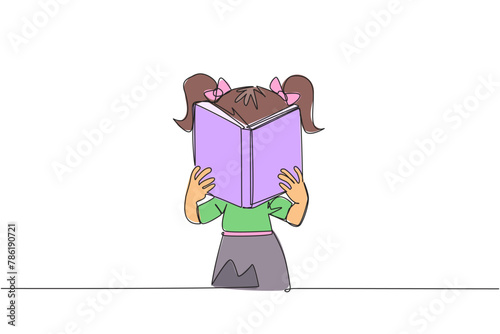 Single continuous line drawing girl seriously reading a book until cover the face. Nervous when facing the final exams. Try to focus. Reading increases insight. One line design vector illustration