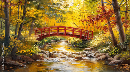 Solitary wooden bridge in an oil-painted autumn, contrasting with vibrant trees.