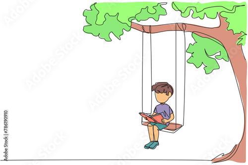 Single continuous line drawing boy sitting on a swing under a shady tree reading a book. High enthusiasm for reading. Read anywhere. Reading increases insight. One line design vector illustration