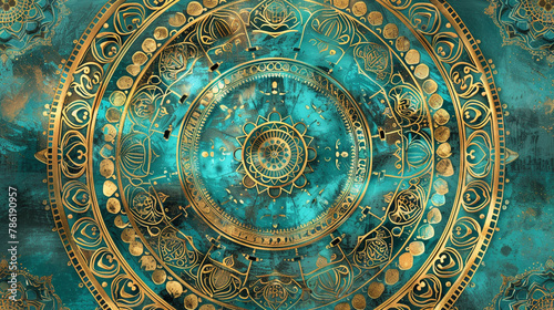 Turquoise and gold mandala pattern  echoing ancient artifacts with a modern touch.