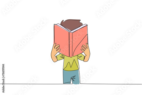 Single continuous line drawing boy seriously reading a book until cover the face. Nervous when facing the final exams. Try to focus. Reading increases insight. One line design vector illustration