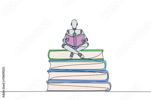 Continuous one line drawing robot sitting relax reading book on pile of books. Relax while reading fiction book. Enjoy storyline. Book festival concept. Single line draw design vector illustration
