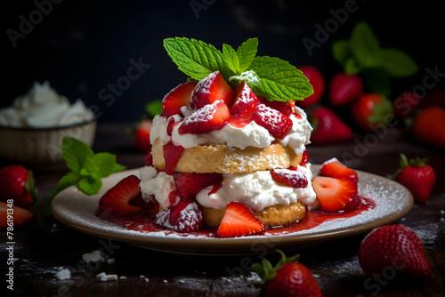 Strawberry Shortcake, Fresh strawberries, whipped cream on a spongy cake