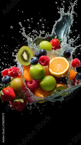 Beautiful berries and fruits falling with splashes into the water. On a dark background.