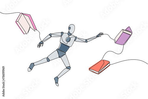 Single continuous line drawing astronaut floating in space trying to pick up books. No gravity makes it float. Basic space knowledge. Tech book festival concept. One line design vector illustration