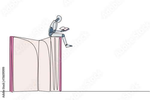 Continuous one line drawing smart robotic sitting on a big open book reading a book. Serious and focus learning increases insight. Book festival concept. Single line draw design vector illustration