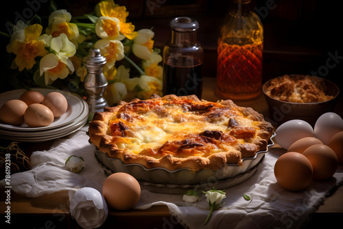 Italian Easter Pie, A savory pie filled, eggs, cheese, meat photo