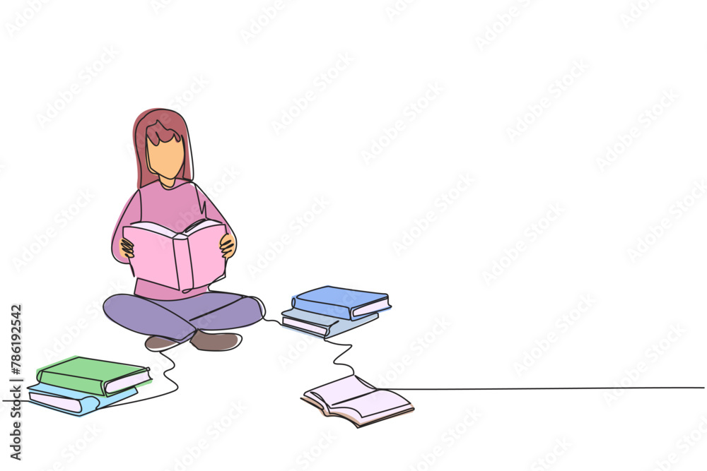 Single continuous line drawing woman who really likes reading. Everyday one book is read. Good habit. There is no day without reading book. Book festival concept. One line design vector illustration