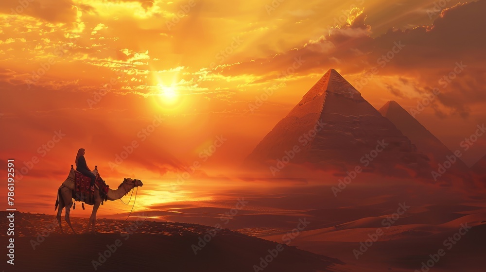 a moment at sunset where the female traveler on a camel is silhouetted against the backdrop of the Pyramids of Giza - obrazy, fototapety, plakaty 
