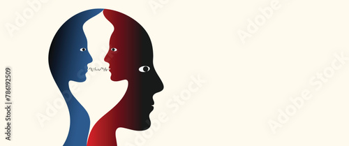 Illustration of Metaphor bipolar disorder, Double face, Split personality, Parkinson, Dual personality and Mental health