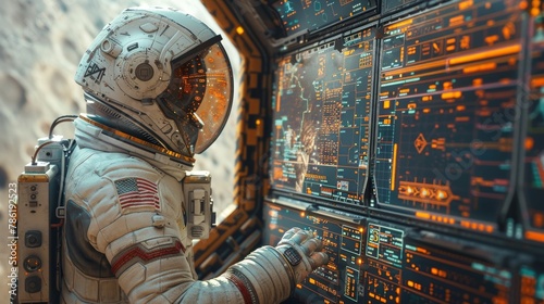 Artistic rendering of an astronaut viewing a control panel where one of the screens glitches displaying abstract data patterns. The setting