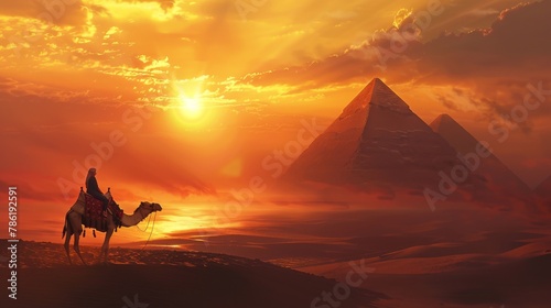 a moment at sunset where the female traveler on a camel is silhouetted against the backdrop of the Pyramids of Giza
