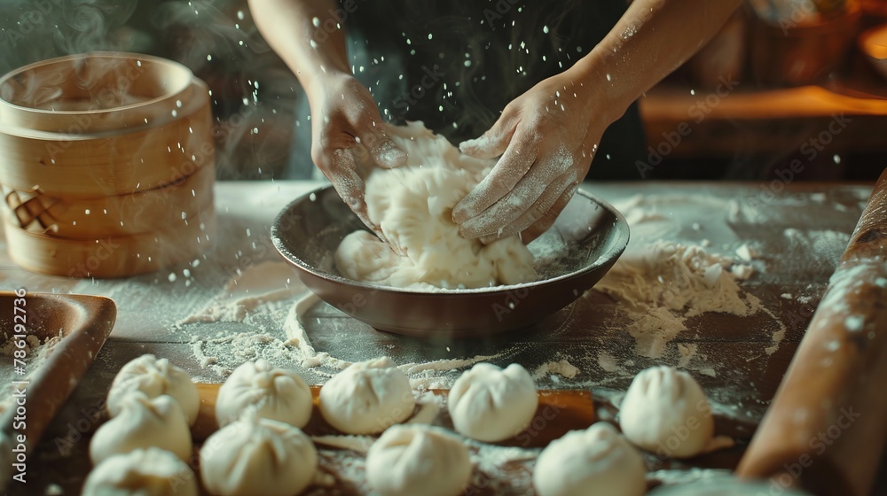 Fototapeta premium Photorealistic image of hands kneading dough on a flour-dusted countertop with a bowl of fluffy dough and a rolling pin nearby. The focus is on the texture of the dough and the skilled