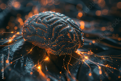 sensors connected to the brain, with dramatic lighting and angles accentuating the intricate neural connections in a high-tech style against a minimalist backdrop.