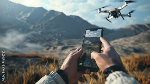 Close-up of hands using a smartphone to control a drone against a mountainous backdrop. photo