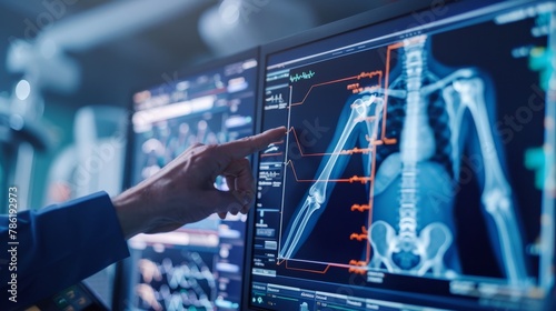 Realistic portrayal of a radiologist s computer screen displaying a digital muscle X-ray of a shoulder photo