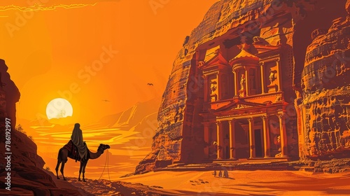 Stylized illustration of a female tourist dismounting a camel in front of Petra s Monastery photo