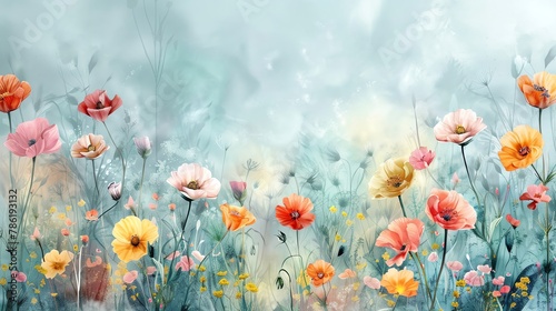 Softly painted floral scene, pastel watercolors, ideal background with space for text