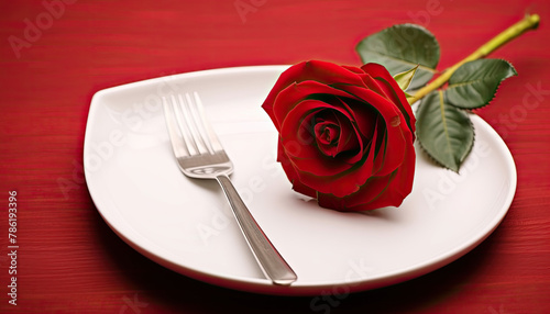 Romantic Red Rose on White Dish: Perfect Meal for Valentines Day