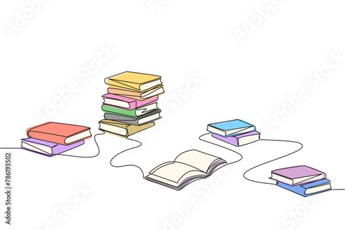 Single continuous line drawing book space festival filled with lots of books. A useful book as a companion for expeditions in space. Explore all of space. Galaxy. One line design vector illustration