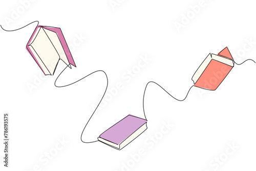 Single continuous line drawing books floating in space. Scientists explain that floating is caused by the loss of the earth's gravitational effect. Book festival. One line design vector illustration