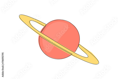 Single one line drawing planet saturn in space. Has the characteristic ring that surrounds the planet. Ring particles made of water ice and rock material. Continuous line design graphic illustration