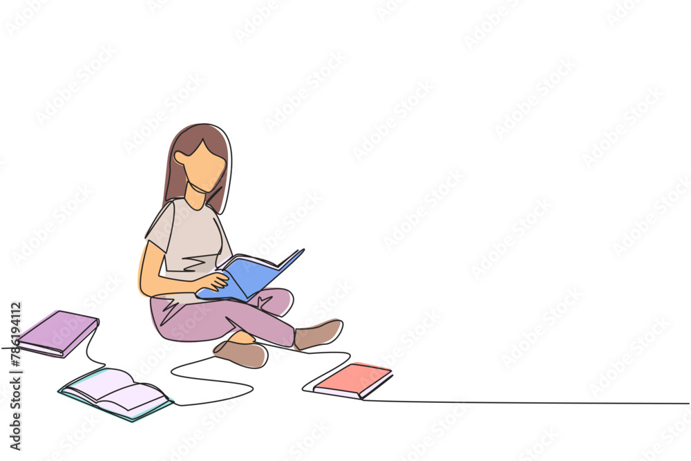 Single one line drawing woman sitting relaxed in a library reading a lot of books. Looking for answers to assignments. Hobby reading. Book festival concept. Continuous line design graphic illustration