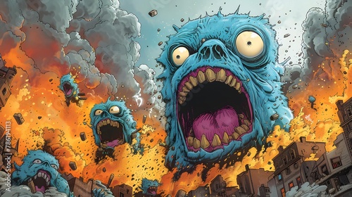  A humorous cartoon depicting a comical representation of chaos, perhaps with exaggerated characters and chaotic scenes