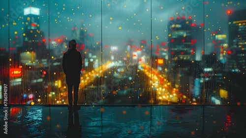 A solitary figure standing by a window, gazing out at a rainy cityscape