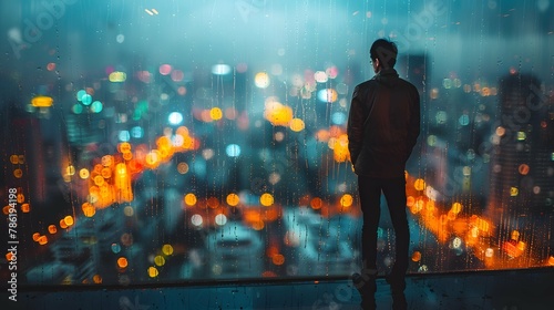 A solitary figure standing by a window, gazing out at a rainy cityscape photo