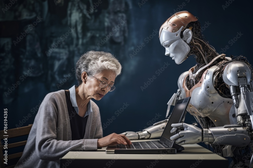 Robot AI with old woman at the computer