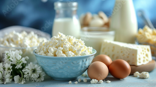 Variety of fresh dairy products and eggs on a blue backdrop with white flowers.