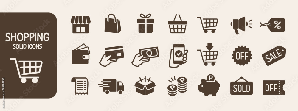 Set of 21 solid shopping icons