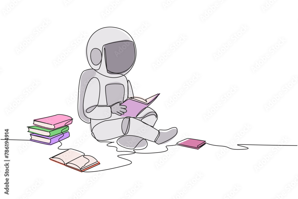 Single continuous line drawing astronaut sitting relax in library reading lot of books. Looking for answers to assignments. Hobby reading. Book festival concept. One line design vector illustration Single continuous line drawing astronaut sitting relax in library reading lot of books. Looking for answers to assignments. Hobby reading. Book festival concept. One line design vector illustration