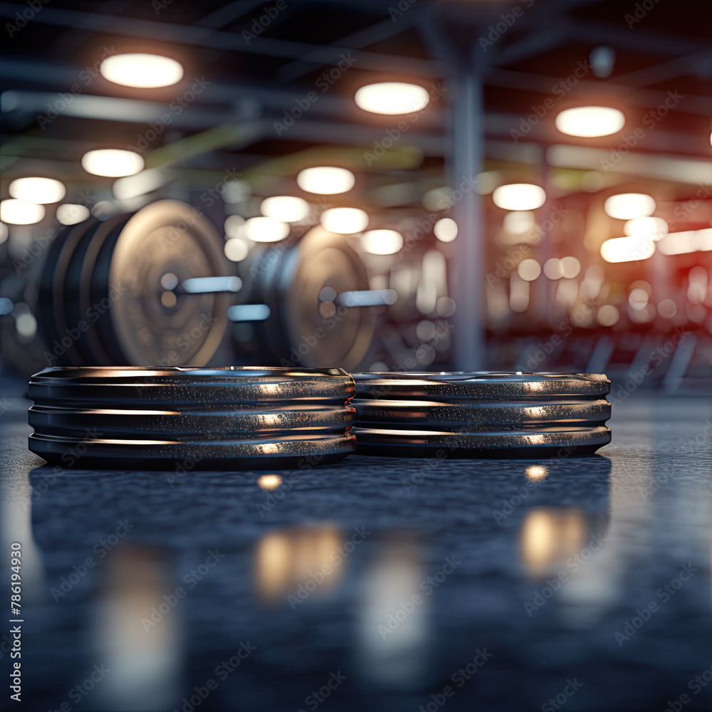 Spotlight on Ultrarealistic Weight Plates in a Blur - obrazy, fototapety, plakaty 