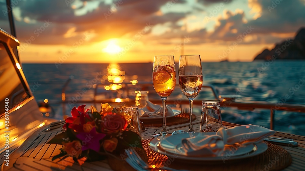 Romantic dinner on yacht with a sunset view and beautiful sea scenery with a big space for text or product advertisement, Generative AI. - obrazy, fototapety, plakaty 