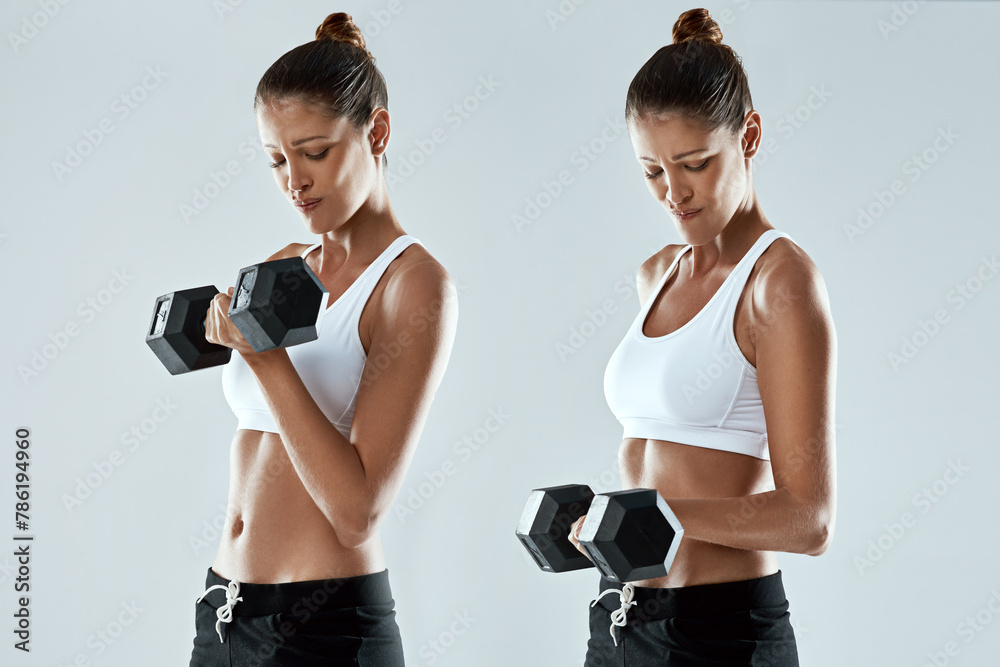 Woman, fitness and weightlifting with dumbbell in montage for workout, exercise or training on a gray studio background. Female person in sequence, collage or steps for muscle gain or bicep curl - obrazy, fototapety, plakaty 