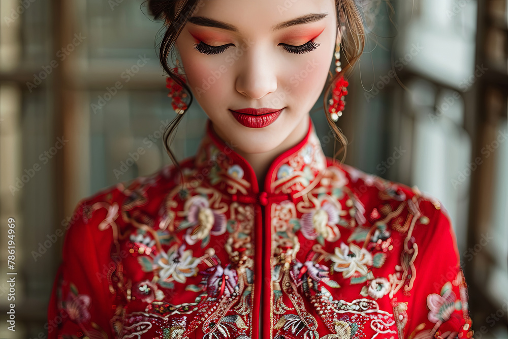 Elegant Woman in Traditional Red Embroidered Dress Elegant Woman in Traditional Red Embroidered Dress