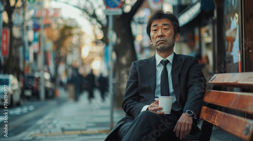 japan salesman got depressed on morning on the park, economic concept photo
