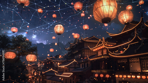 Hologram lanterns cast light patterns  merging tradition with modernity in an old city s heart.