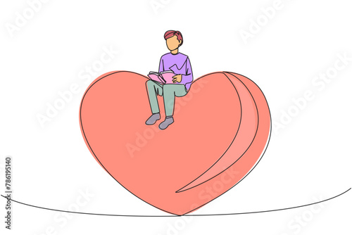Single one line drawing man sitting on big heart. Reading the romantic fiction books. Enjoy the storyline. Hobby reading story books. Book festival concept. Continuous line design graphic illustration