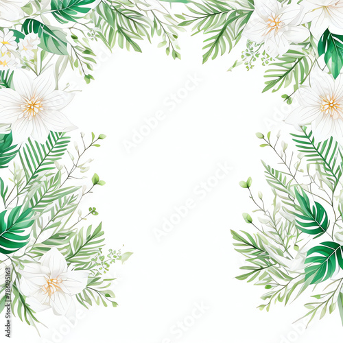 Watercolor green leaves frame background. 