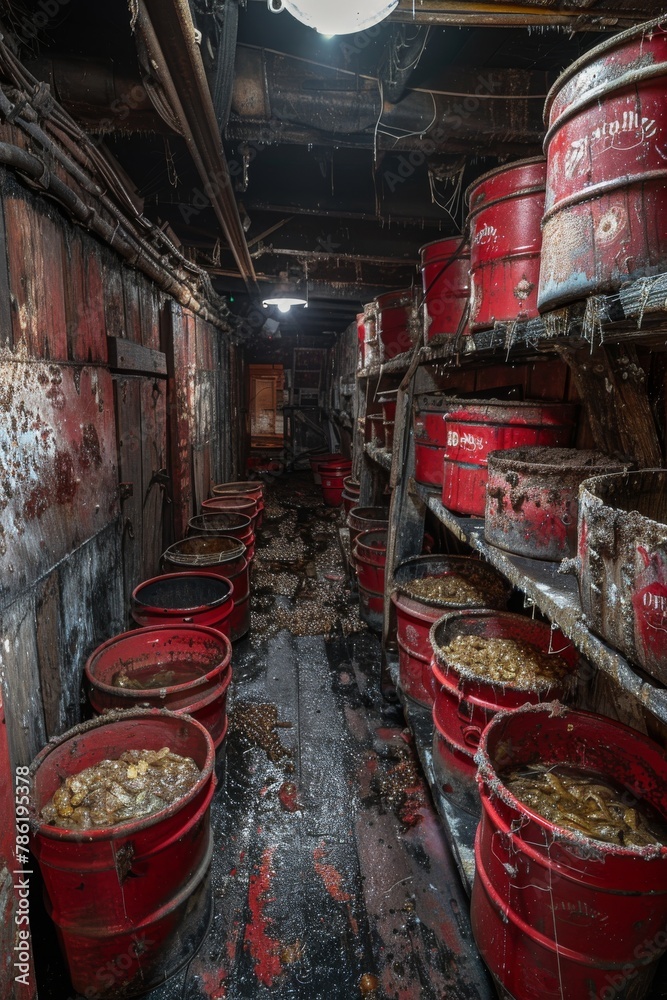Old room with barrels of garbage or slop Old room with barrels of garbage or slop