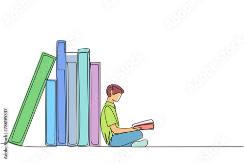 Single continuous line drawing man reading sitting leaning against a pile of books. Habit of reading books every day. Library. Good habit. Book festival concept. One line design vector illustration